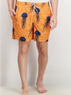 Men RAINFOREST Orange Swim Shorts with Navy Jellyfish Print Small